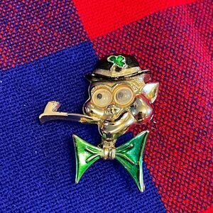 Signed Beatrix Enamel Google Eyed Leprechaun Brooch Vintage St. Patrick's Day